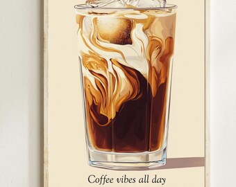 Arte de pared de café frío, impresión de barra de café, póster de café, regalo para amantes del café barista / Impresión de cocina beige / Decoración de bar de moda, arte digital imprimible
