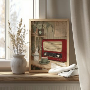 Könnte beinhalten: Ein gerahmter Druck einer roten Vintage-Radio mit einer Tasse Tee, einer Flasche und einem Bleistift auf einem Holztisch. Der Druck ist vor einem Hintergrund aus Pflanzen und einem Fenster platziert, mit den Worten "DREAM CREATIONS" sichtbar.