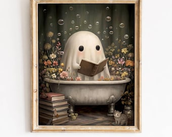 Cute Ghost in Bathtub Painting, Ghost Reading Book Wall Decor, Spooky Dark Academia Print, Printable Digital Download