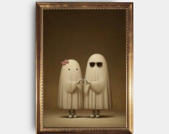 Cute Ghost Couple Art Print, Funny Spooky Wall Decor, Vintage Ghost Painting, Halloween Printable, Digital Download