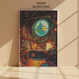 May include: An illustrated print of a cozy room with a large round window featuring a world map. The room is filled with books, tools, and a desk, with the text "DREAM RECREATIONS" at the top and bottom.