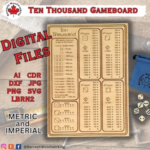 DIEZ MIL (también conocido como FARKLE) Tablero de juego (métrico e imperial) Archivos digitales: Grabado láser, Cribbage, Dados, Juego, Diseño personalizado, Varios diseños