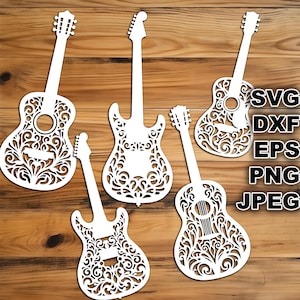 Fichiers de coupe SVG guitares en filigrane (svg dxf png eps jpeg) Silhouette & Cricut, scrapbooking numérique, fabrication de cartes, papier découpé, CNC et laser DIY