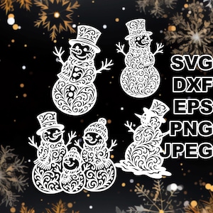 Puede incluir: Recortes de muñecos de nieve blancos con intrincados diseños de remolinos, que llevan sombreros de copa y bufandas. La imagen incluye el texto "SVG, DXF, EPS, PNG, JPEG". El fondo es negro con acentos dorados de copos de nieve.