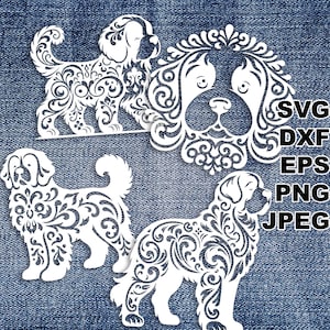 Pliki do cięcia Saint Bernard fancy SVG (svg dxf png eps jpeg) Silhouette & Cricut, cyfrowe scrapbooking, tworzenie kartek, cięcie papieru, laser CNC DIY