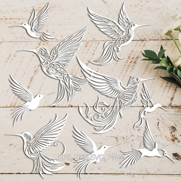 Hummingbirds SVG cut files (svg dxf png eps) Silhouette & Cricut, digital scrapbooking, card making, paper cut svg file, floral decor DIY