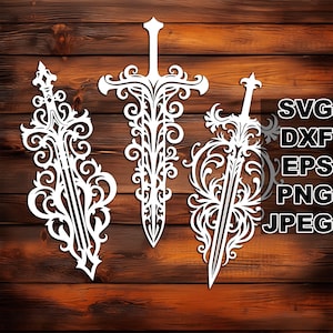 Sword filigree SVG cut files (svg dxf png eps jpeg) Silhouette & Cricut, digital scrapbooking, card making, paper cut, CNC and laser DIY