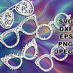 May include: White decorative eyeglasses in various styles, featuring intricate floral patterns. The image includes aviator, cat-eye, and round frame designs. Text on the right side indicates file formats: SVG, DXF, EPS, PNG, and JPEG. The background has a colorful, abstract design.
