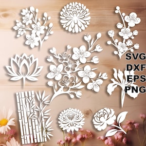 日本の植物の SVG カット ファイル (svg dxf png eps) ビニールと紙のカット、CNC、レーザー カット svg ファイル、花の装飾 DIY