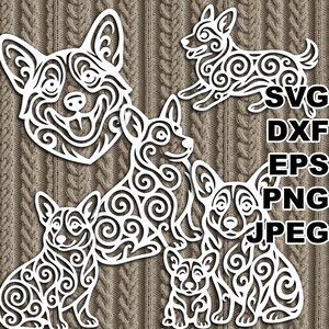 May include: White corgi dog cutouts in various poses, including a running corgi and a corgi face. The cutouts have a decorative swirl design. The image also includes the file type abbreviations: SVG, DXF, EPS, PNG, and JPEG.