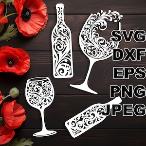 May include: A set of three white wine-themed SVG cut files featuring a wine bottle, a wine glass, and a second wine glass. The designs are intricate and feature a floral pattern.