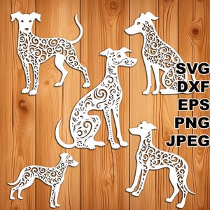 File di taglio SVG Filigree Whippet (svg dxf png eps jpeg) Silhouette e Cricut, scrapbooking digitale, creazione di biglietti, taglio della carta, CNC e laser fai da te