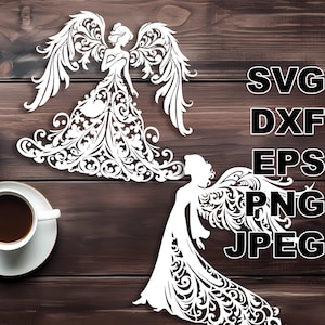 Könnte beinhalten: Zwei weiße Engel aus Papier ausgeschnitten mit filigranen Blumenmustern. Die Engel tragen fließende Gewänder und haben Flügel mit detaillierten Mustern.