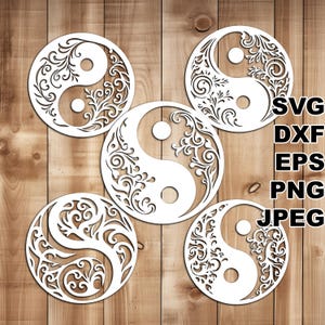 Fichiers de coupe SVG Yin et Yang en filigrane (svg dxf png eps jpeg) Silhouette & Cricut, scrapbooking numérique, fabrication de cartes, papier découpé, CNC, laser