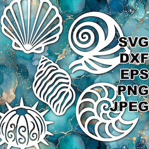 Può includere: Disegni di conchiglie bianche in varie forme, tra cui una conchiglia, una spirale e un nautilus, sono esposti su uno sfondo marmorizzato turchese e oro. L'immagine include il testo "SVG, DXF, EPS, PNG, JPEG".