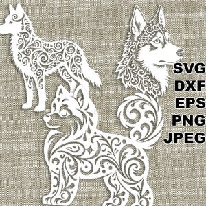 Siberian Husky fancy SVG cut files (svg dxf png eps jpeg) Silhouette & Cricut, digital scrapbooking, card making, paper cut, CNC laser DIY