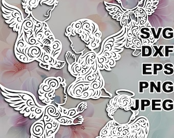 Archivos de corte SVG de ángel bebé de filigrana (svg dxf png eps jpeg) Silhouette y Cricut, scrapbooking digital, fabricación de tarjetas, corte de papel, CNC, láser