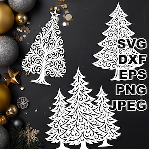 Könnte beinhalten: Weiße Weihnachtsbäume mit aufwendigen Wirbelmustern. Das Bild enthält drei verschiedene Baumdesigns, eines mit einem Stern oben. Text auf der rechten Seite lautet: SVG, DXF, EPS, PNG, JPEG. Festliche Weihnachtsdekoration.