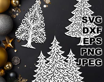 Filigree Christmas Trees SVG cut files (svg dxf png eps jpeg) Silhouette & Cricut, digital scrapbooking, card making, paper cut, CNC, laser