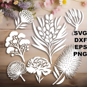 Pode incluir: Um conjunto de sete desenhos de flores brancas em silhueta, incluindo um cravo, uma protea, um limpador de garrafas e um ramo de flores. Os desenhos são perfeitos para artesanato, scrapbooking ou projetos digitais.