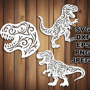 Archivos de corte SVG de T-Rex con filigrana (svg dxf png eps jpeg) Silhouette y Cricut, scrapbooking digital, fabricación de tarjetas, corte de papel, bricolaje CNC y láser