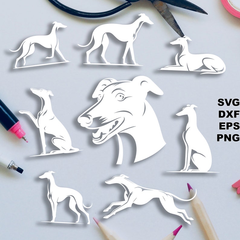 Greyhound SVG pliki do cięcia (svg dxf png eps) Silhouette & Cricut, cyfrowe scrapbooking, tworzenie kartek, plik cięcia papieru svg, zrób to sam dla zwierząt zdjęcie 1
