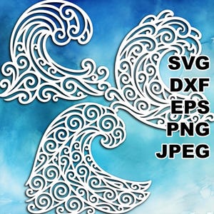 Peut inclure: Motifs de vagues blanches et ornées sur fond bleu aquarelle. L'image comprend les formats de fichiers SVG, DXF, EPS, PNG et JPEG. Les vagues présentent des motifs complexes et tourbillonnants, suggérant un thème nautique ou océanique.