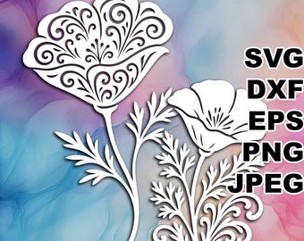 Filigree California Poppy SVG cut files (svg dxf png eps jpeg) Silhouette & Cricut, digital scrapbooking, card making, paper cut, CNC, laser