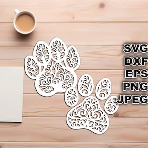 Filigraan Paw Print SVG-bestanden knippen (svg dxf png eps jpeg) silhouet en Cricut, digitale scrapbooking, kaarten maken, papier snijden, CNC en laser DIY