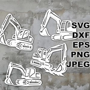 May include: White excavator cutouts in various positions against a textured gray background. The image includes the text "SVG, DXF, EPS, PNG, JPEG" in a vertical stack. The cutouts are detailed and show the excavator's arm, bucket, and cabin.