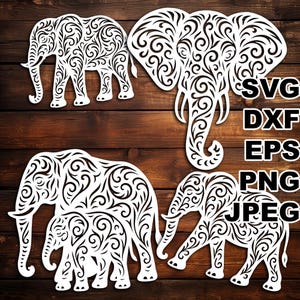 May include: Four white elephant cutouts with detailed swirl patterns are shown against a brown wood background. The image includes various elephant designs, including a mother and calf. Text on the right side indicates file formats: SVG, DXF, EPS, PNG, and JPEG.