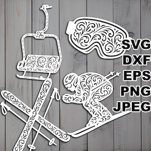 Könnte beinhalten: Weiße Ski-Themen-Ausschnitte mit aufwendigen floralen Mustern. Das Bild zeigt einen Sessellift, Skibrille, Skier, Skistöcke und einen Skifahrer in Aktion. Der Text "SVG, DXF, EPS, PNG, JPEG" ist ebenfalls enthalten.