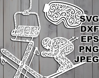 Filigree Skiing SVG cut files (svg dxf png eps jpeg) Silhouette & Cricut, digital scrapbooking, card making, paper cut, CNC and laser DIY