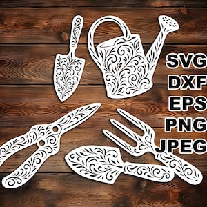 May include: White garden tools with intricate floral designs, including a trowel, watering can, shears, fork, and a small shovel. The image also includes the text "SVG, DXF, EPS, PNG, JPEG" in black.