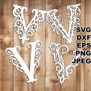 Filigraner Buchstabe V SVG Schnittdateien (svg dxf png eps jpeg) Silhouette & Cricut, digitales Scrapbooking, Kartenherstellung, Papierschnitt, CNC und Laser DIY