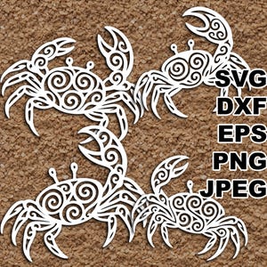 May include: Four white crab cutouts with intricate swirl designs, set against a textured brown background. The image includes text indicating file formats: SVG, DXF, EPS, PNG, and JPEG.