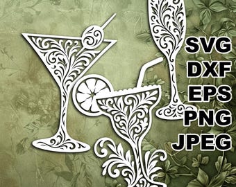 Filigree Cocktails SVG cut files (svg dxf png eps jpeg) Silhouette & Cricut, digital scrapbooking, card making, paper cut, CNC and laser DIY