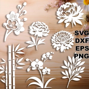 File di taglio Flora cinese SVG (svg dxf png eps) taglio di vinile e carta, CNC, file SVG tagliato al laser, decorazioni floreali fai da te