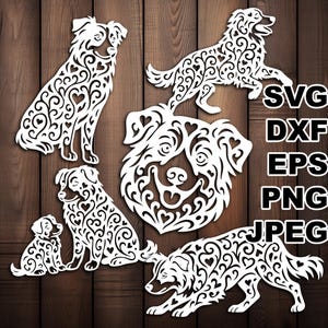 May include: White dog cutouts in various poses, including sitting, running, and a dog head. The designs feature intricate patterns of hearts and swirls. The image also includes the file type abbreviations: SVG, DXF, EPS, PNG, and JPEG.