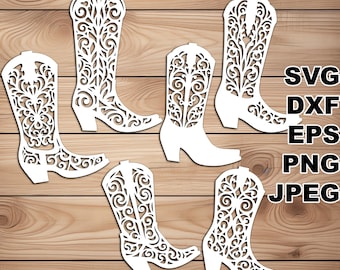 Archivos de corte SVG de botas de vaquero de filigrana (svg dxf png eps jpeg) Silhouette y Cricut, scrapbooking digital, fabricación de tarjetas, corte de papel, láser CNC DIY
