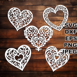 Mais arquivos de corte SVG de corações filigrana (svg dxf png eps jpeg) Silhouette & Cricut, scrapbooking digital, criação de cartões, corte de papel, CNC laser DIY