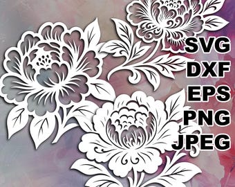Filigree Peony SVG cut files (svg dxf png eps jpeg) Silhouette & Cricut, digital scrapbooking, card making, paper cut, CNC and laser DIY