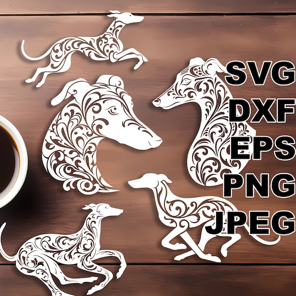 Fichiers coupés SVG fantaisie lévrier (svg dxf png eps jpeg) Silhouette & Cricut, scrapbooking numérique, fabrication de cartes, fichier svg découpé en papier, bricolage animal de compagnie