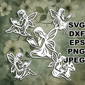 Fine Fairy Reading SVG cut files (svg dxf png eps jpeg) Silhouette & Cricut, digital scrapbooking, card making, paper cut, CNC and laser DIY