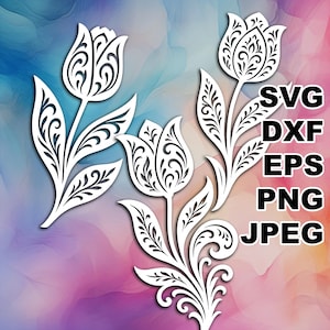 Może przedstawiać: Biały kwiatowy wzór tulipana ze skomplikowanymi detalami, w tym liśćmi i łodygami, na kolorowym, abstrakcyjnym tle. Obraz zawiera tekst "SVG, DXF, EPS, PNG, JPEG".