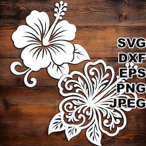 Peut inclure: Découpes de fleurs d'hibiscus blanches avec des feuilles, sur un fond en bois. L'image comprend les options de format de fichier : SVG, DXF, EPS, PNG et JPEG.