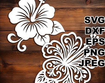 May include: White hibiscus flower cutouts with leaves, displayed on a wood grain background. The image includes the file format options: SVG, DXF, EPS, PNG, and JPEG.