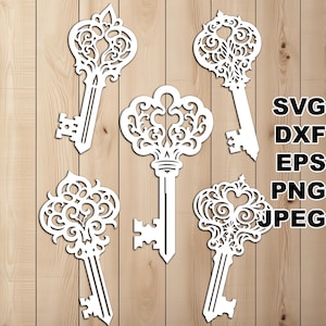 Filigraan skeletsleutels SVG-bestanden knippen (svg dxf png eps jpeg) silhouet en Cricut, digitale scrapbooking, kaarten maken, papier snijden, CNC laser DIY
