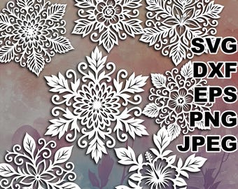 More Floral Snowflakes SVG cut files (svg dxf png eps jpeg) Silhouette & Cricut, digital scrapbooking, paper cut, CNC, laser