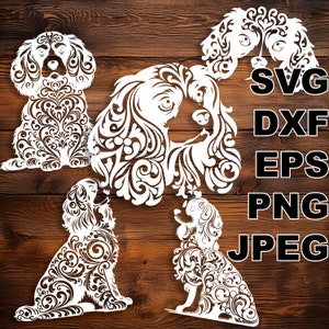 Cavalier Spaniel elegantes archivos de corte SVG (svg dxf png eps jpeg) Silhouette & Cricut, scrapbooking digital, fabricación de tarjetas, archivos cortados en papel DIY